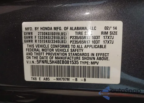2014 Honda Odyssey Ex from USA, damaged, VIN 5FNRL5H48EB081535